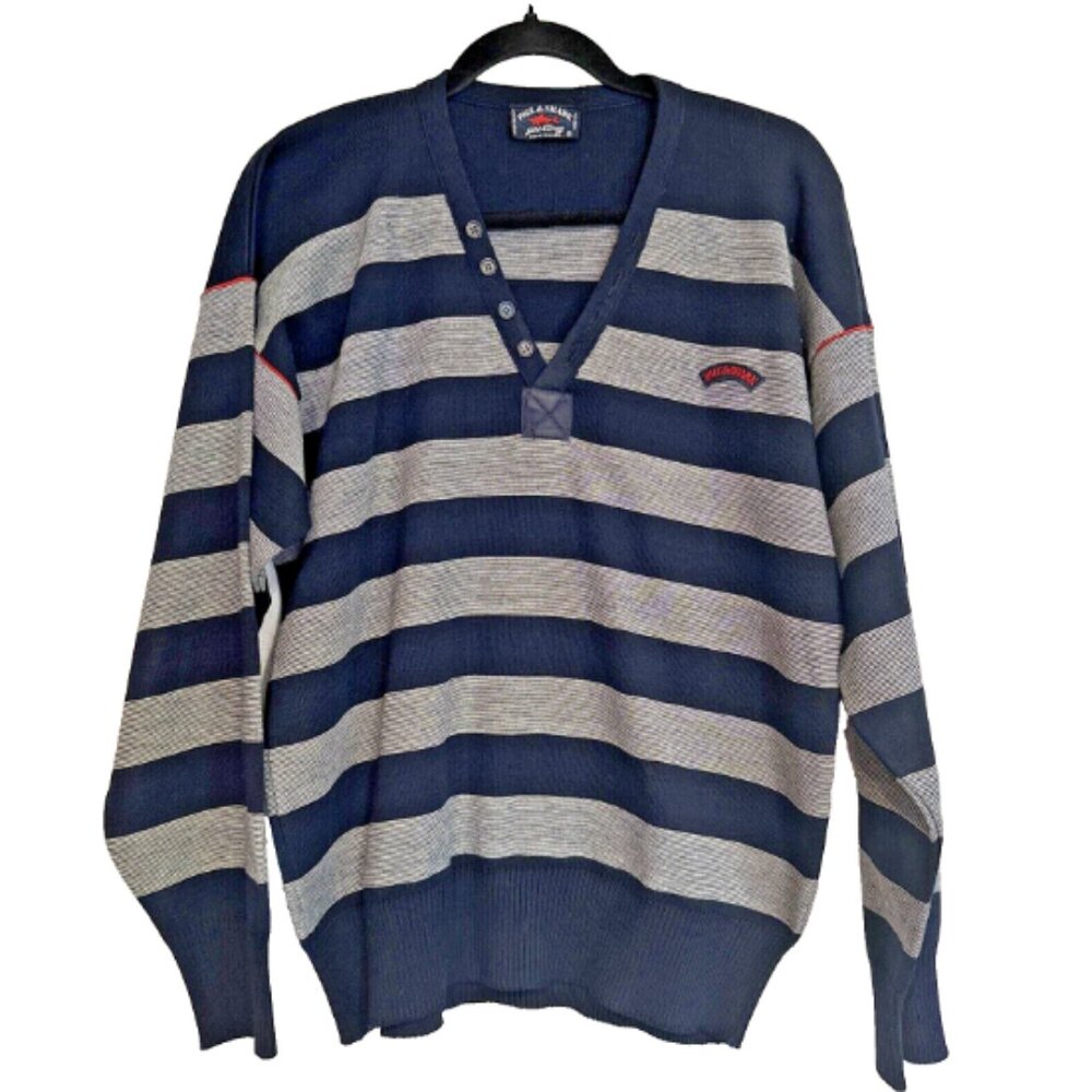 Paul & Shark‎ Yachting Wool Sweater Men's M Striped Pullover V-Neck Button Italy